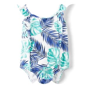 Girls Gymboree Splish Splash Blue White Leaves One Piece Ruffled Swimsuit Size 8